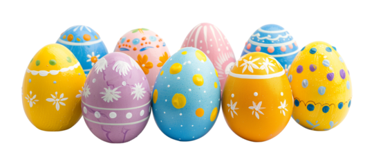 9 easter eggs ornamentally hand painted in different shapes and colors isolated on a transparent background, cut-out, PNG