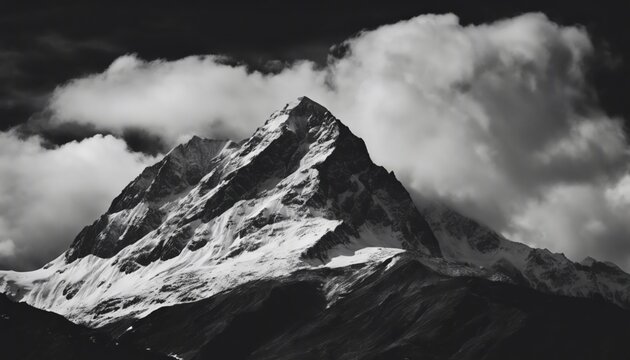 dramatic black and white landscape photograph of mountain peaks with cloudy background