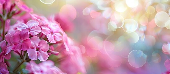 Fototapeta premium A vibrant pink phlox in summer with focused details softened background with light and heart shaped bokeh ideal for a pastel themed card featuring a copy space image