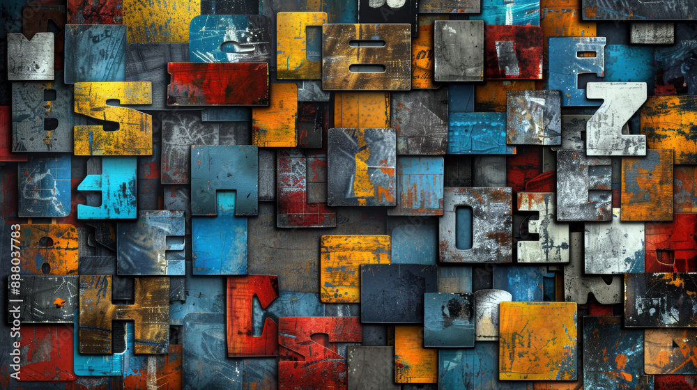 Poster a colorful collage of letters and numbers. the image is a vibrant and chaotic display of shapes and 