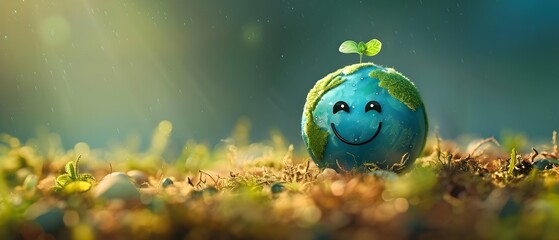Happy Little Earth Character with Balanced Ecological Footprint