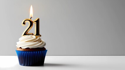 Gold Candle Number 21 on Blue Cupcake with Gray Background
