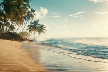 The image captures palm trees leaning over a calm beach during sunset. The tranquil waves gently kiss the shore as the sky transforms into a canvas of soft colors.
