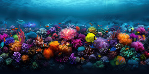 Obraz premium A colorful underwater scene with many fish and coral. Scene is vibrant and lively, with a sense of wonder and awe at the beauty of the ocean
