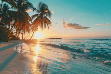 The sun sets, casting golden tones across the water as palm trees cast shadows on the sand, creating a perfect moment of tranquility and beauty on this tropical beach.