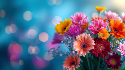 A bouquet of flowers with a blue background. The flowers are a mix of pink, yellow, and orange