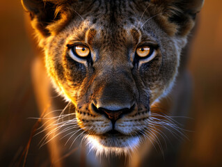 A lion with a yellow eye staring at the camera. The image has a warm, golden tone that gives it a...