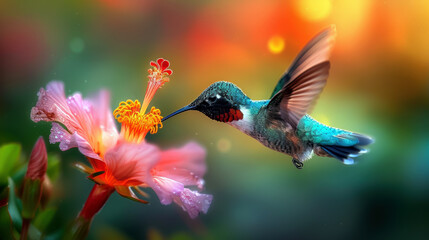 Fototapeta premium A hummingbird is hovering over a pink flower. The flower is surrounded by a few other flowers, and the bird is the main focus of the image. The scene is peaceful and serene, with the bird