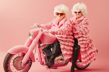 Two stylish grandmothers dressed in pink crochet outfits, sitting on a crochet-covered motorcycle