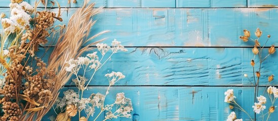 Top down view of dried flowers and grass on a blue wooden table with a blank timetable mockup and space for text in rustic style ideal for adding text to the image. Copy space image