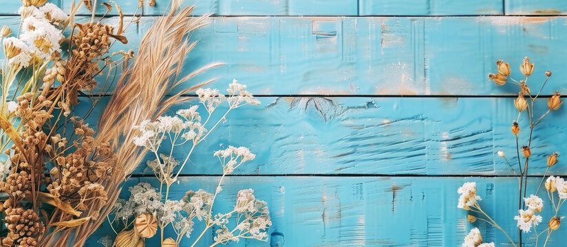 Top down view of dried flowers and grass on a blue wooden table with a blank timetable mockup and space for text in rustic style ideal for adding text to the image. Copy space image