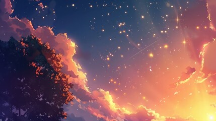 Celestial Dreams, Anime Sky Art Wallpaper Background, Featuring a Fantasy Sky with Beautiful Star Falls