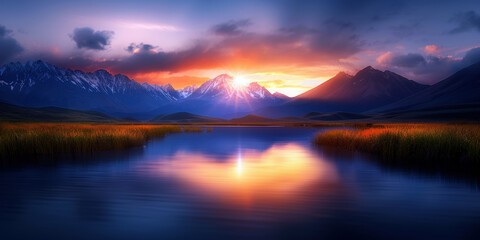 A beautiful sunset over a lake with mountains in the background. The sky is filled with clouds, and the sun is setting behind the mountains. The water is calm and reflects the colors of the sky