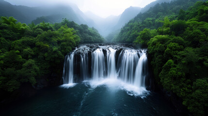Fototapeta premium A waterfall with a lush green forest in the background. The water is flowing down the waterfall and the trees are in full bloom. The scene is serene and peaceful, with the sound of the water