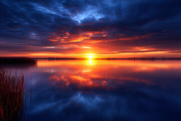 Naklejka premium A beautiful sunset over a lake with a reflection of the sun in the water