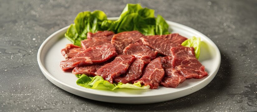 Fresh Korean karubi beef served on a white plate with lettuce perfect for a copy space image