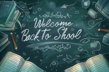 An illustration of a doodle on a black chalkboard background, showing a welcome back to school banner.
