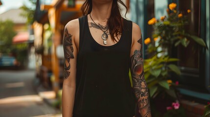 girl with tattoos wearing a black mockup tanktop