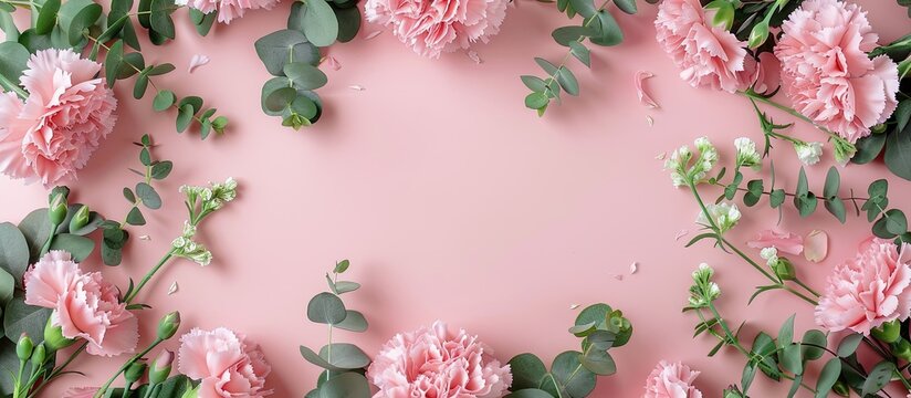 A square frame composed of pink carnation blooms fresh green eucalyptus twigs set against a pastel backdrop providing ample space for adding text in the image