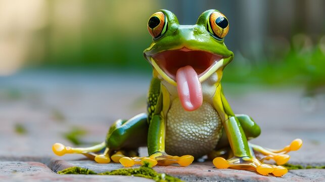 funny and happy frog sticks out his tongue and jumps up - recreation and good mood concept