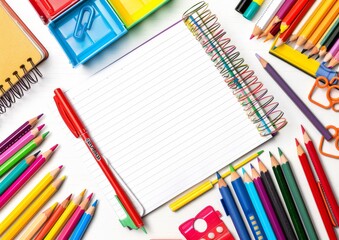 Fototapeta premium Open notebook with school supplies. Back to school concept