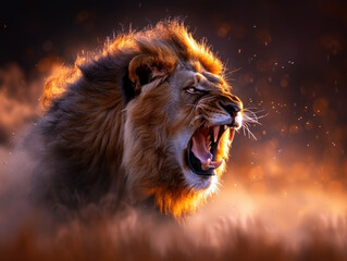 Naklejka premium A lion is roaring with its mouth open, surrounded by a cloud of dust. The lion's mane is flowing in the wind, and its eyes are wide open, showing its fierce and powerful nature