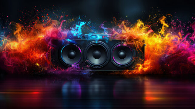 A colorful speaker with three speakers on it. The speaker is surrounded by a fire