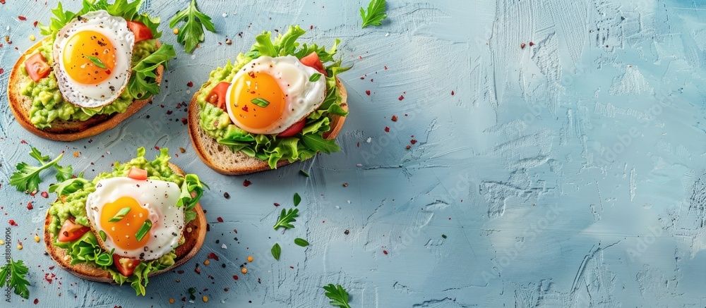 Sticker Sandwiches made with fried egg fresh salad and avocado guacamole promoting a healthy lifestyle with a copy space image included