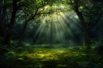 Fototapeta premium A forest with sunlight shining through the trees