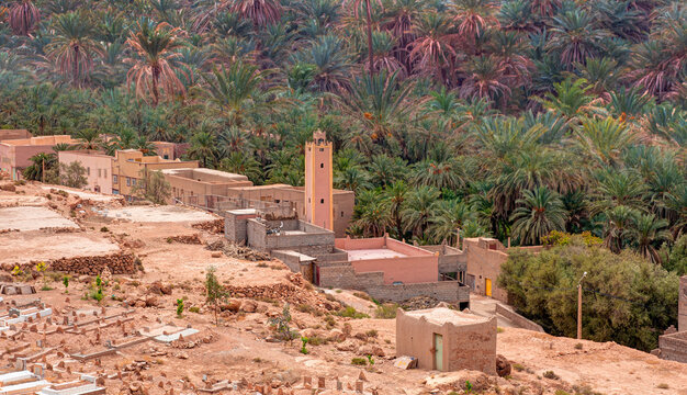 Huge palm grove in Ziz valley - Typical buildings in the old village, south of the city Errachidia, Province Errachidia, eastern Morocco.