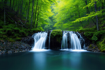 Fototapeta premium A beautiful waterfall with a lush green forest in the background. The water is crystal clear and the trees are full of leaves. The scene is peaceful and serene