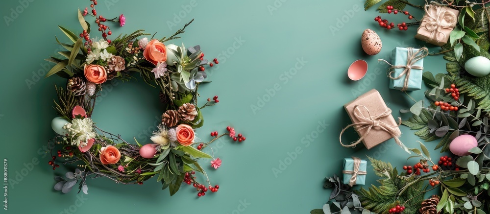 Sticker A lovely Easter themed wreath with eggs flowers and gifts set against a green background with ample copy space image