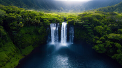 Fototapeta premium A beautiful waterfall surrounded by lush green trees. The water is calm and clear, reflecting the sunlight. The scene is serene and peaceful