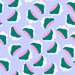 Vector repeat pattern with Green mushrooms and white clouds on a baby blue background, can be used for wallpaper, textile design, website background, wrapping paper, stationery design