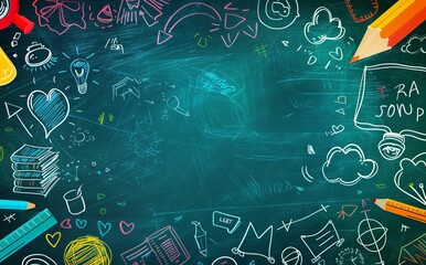 The blackboard is written with chalk with supplies and a copy space. The concept is back to school.