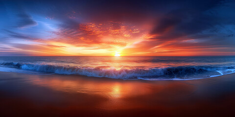 Fototapeta premium A beautiful sunset over the ocean with a wave in the background. The sky is a mix of blue and orange, creating a warm and peaceful atmosphere