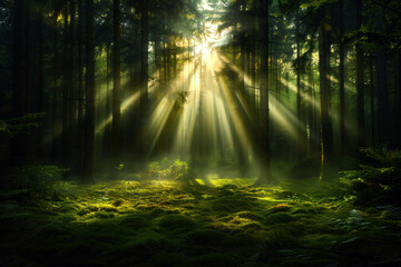 Obraz premium A forest with sunlight shining through the trees, creating a serene and peaceful atmosphere. The sunlight is casting a warm glow on the grass and leaves, making the scene appear almost magical