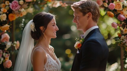Enchanting Wedding Ceremony with Bride and Groom Exchanging Vows under Floral Arch