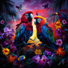 Obraz premium Two parrots are perched on a branch in a lush tropical forest. The birds are surrounded by a variety of colorful flowers and other birds. The scene is vibrant and lively, with a sense of warmth