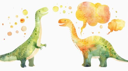 Watercolor style dinosaur with speech bubbles and character on white background