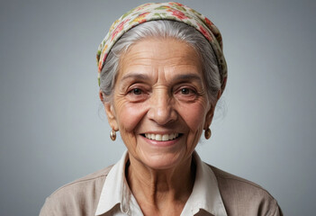 Portrait view of a regular happy smiling Venezuela old woman, ultra realistic, candid, social media, avatar image, plain solid background