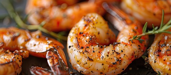 Close up copy space image of succulent grilled shrimps