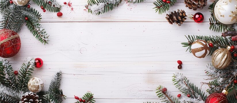 A festive Christmas and New Year table setting with decorations on a white wooden table viewed from the top with room for text in the image. Copy space image. Place for adding text and design