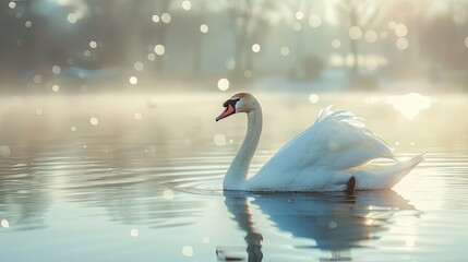 Fototapeta premium Beautiful white swan on calm water with dreamy bokeh effect