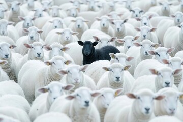 striking metaphorical scene of a lone black sheep amidst a sea of white sheep symbolic representation of individuality standing out from the crowd and embracing uniqueness