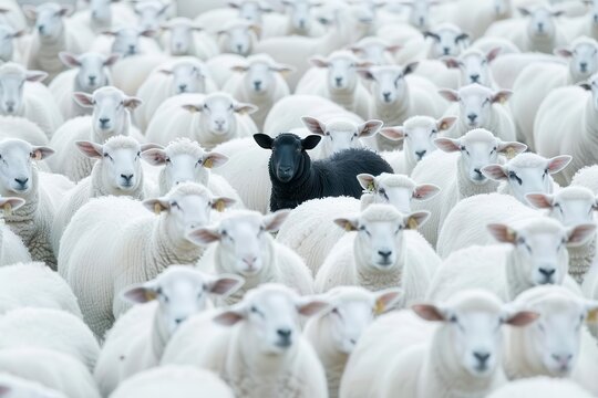 striking metaphorical scene of a lone black sheep amidst a sea of white sheep symbolic representation of individuality standing out from the crowd and embracing uniqueness