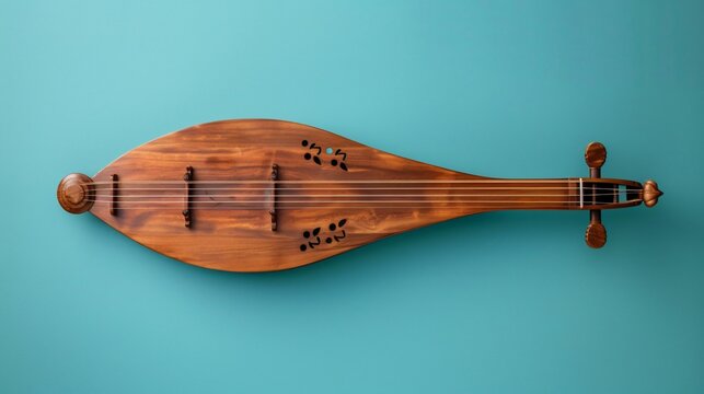 A dulcimer displayed against a solid azure background