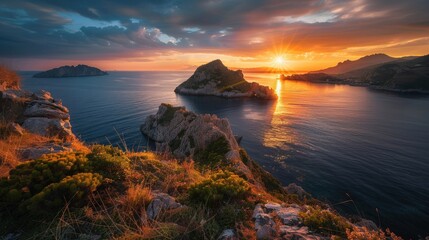 Captivating sunset moment from the Path of the Gods trail, with Li Galli islet