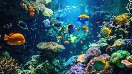 Naklejka premium Close encounter with diverse marine species in a tropical oceanarium