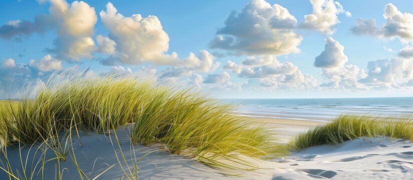 Utah beach dune with beachgrass overlooking the ocean set against a light blue sky with clouds ideal for a copy space image